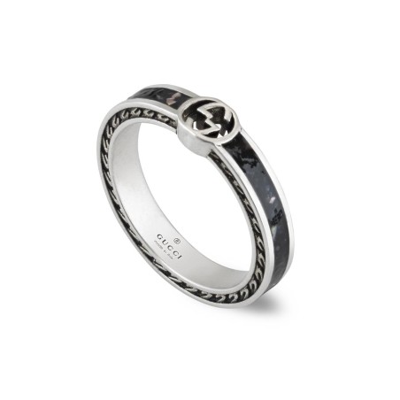 ANELLO IN ARGENTO SMALTO NERO MISURA 12 UOMO-DONNA GUCCI INTERLOCKING G