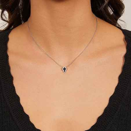 COLLANA MINI DOPPIA CROCE ZIRCONI BIANCHI E NERI DONNA AMEN 