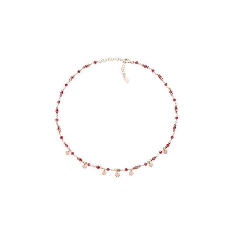 COLLANA ROSE' CHARM CUORI E CRISTALLI RUBINO AMEN