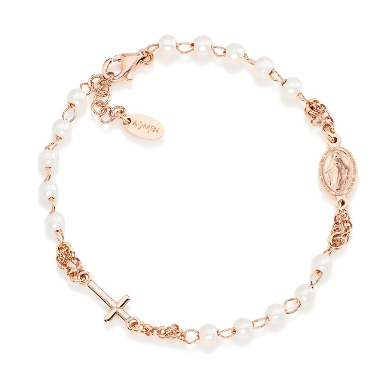 BRACCIALE ROSARIO IN ARGENTO ROSE' E PERLE AMEN